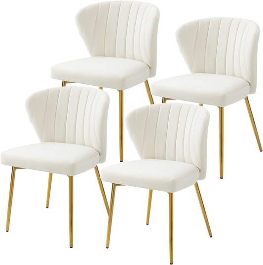 White Velvet Dining Chairs Set of 4, Modern Dining Chairs with Golden Metal Legs, Tufted Upholstered Dining Chairs for Dining Room/Kitchen/Vanity-0