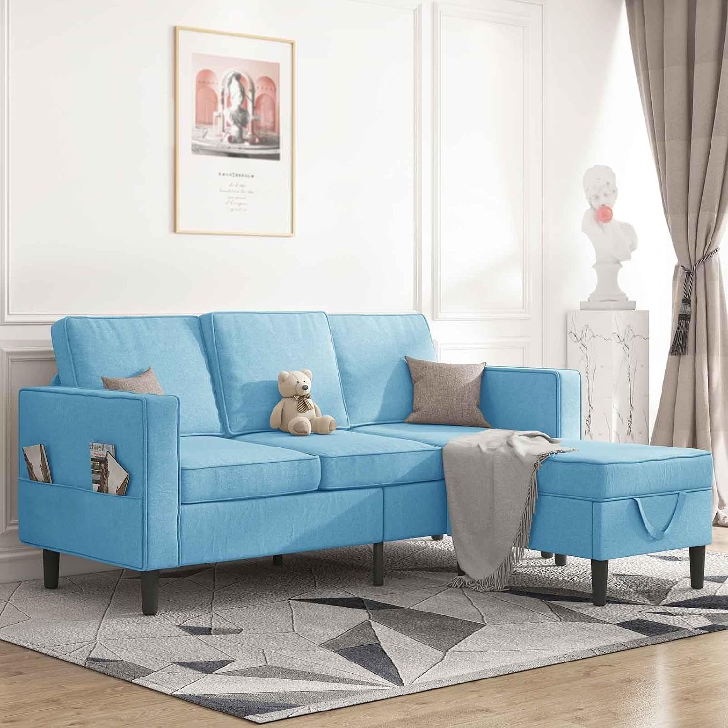 Sectional Sofa L Shaped Couch with Movable Storage Ottoman/Side Pockets/Modern Sofas/Easy Assembly/Free Combination - Blue-0