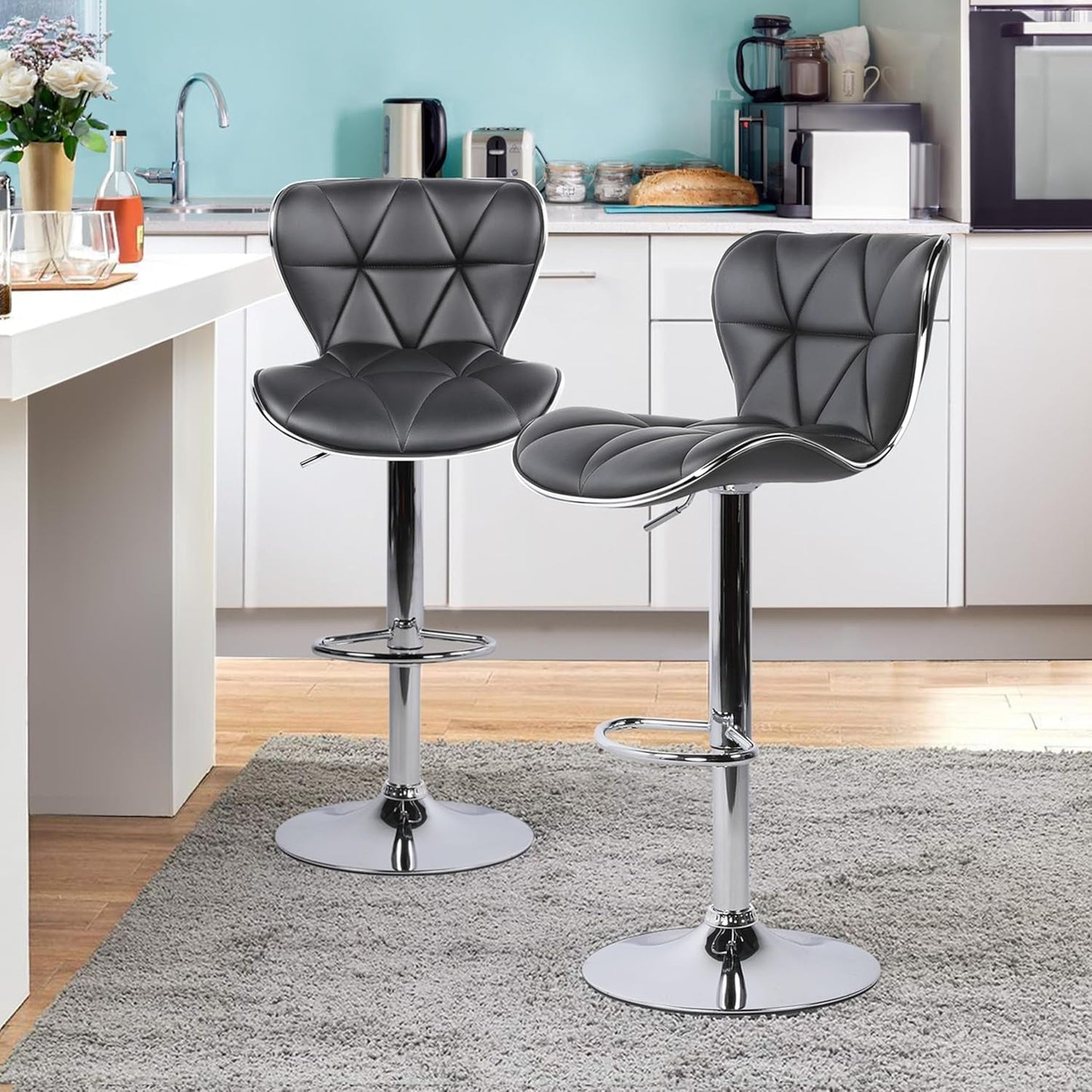 Bar Stools, Stylish Adjustable PU Leather Swivel Barstools, Counter Height Bar Chair Set of 2 with Foma Padded for Home Kitchen, Grey-3