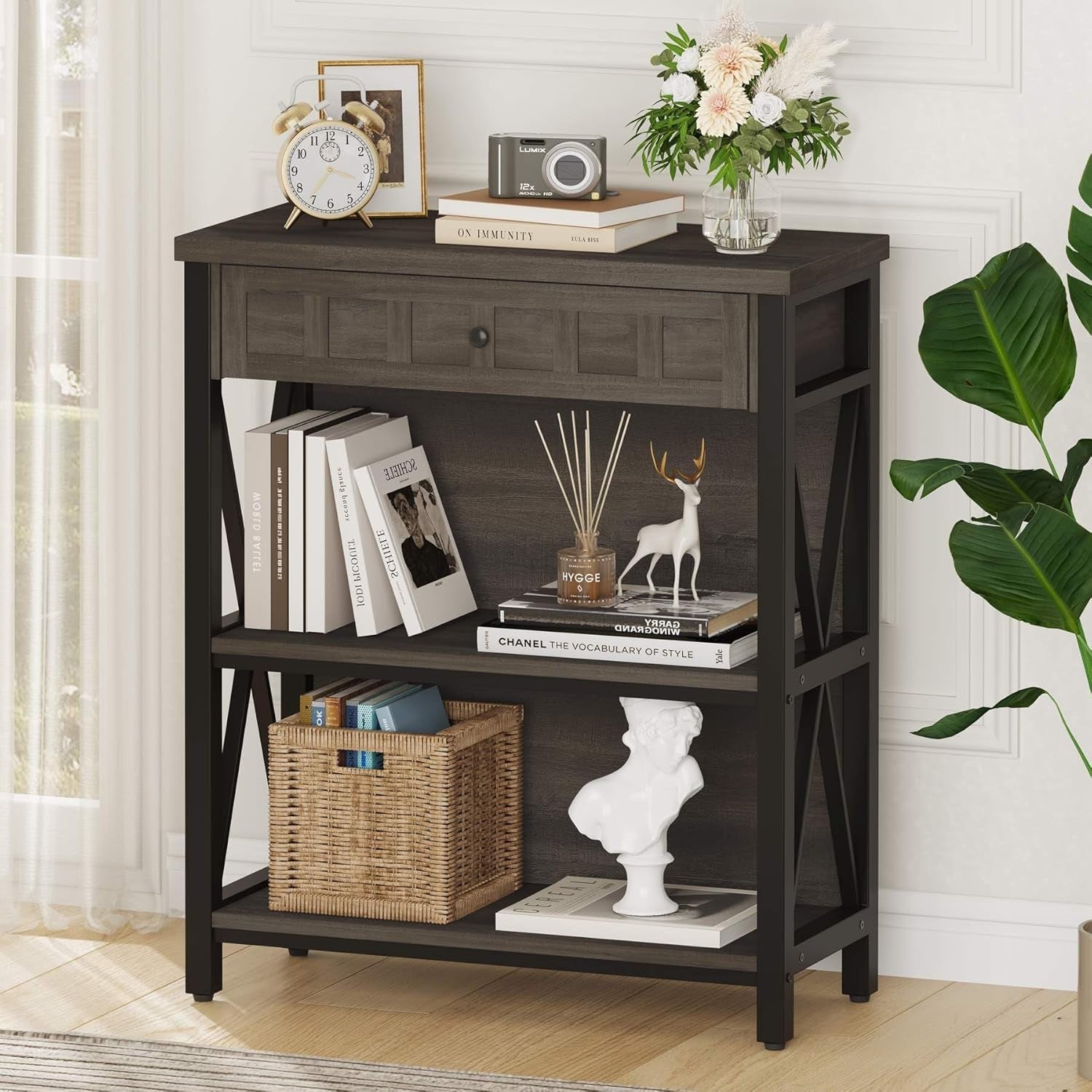 Rustic Bookshelf with Drawer, Industrial Wood and Metal Bookcase, Small Book Shelf and Low Book Case for Small Space (Walnut Brown)-0