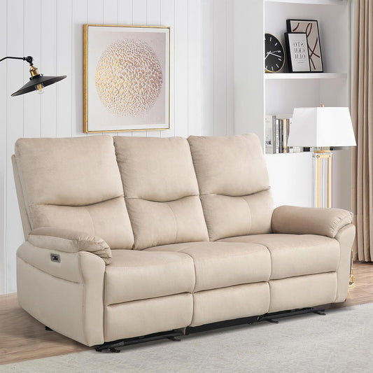 Reclining Sofa, Power Reclining Sofa with Drop down Table,Cup Holder and USB Port, Modern 3 Seater Loveseat Recliner Sofa, Wall Hugger Sofa Recliner for Living Room/Rv (Beige)-0