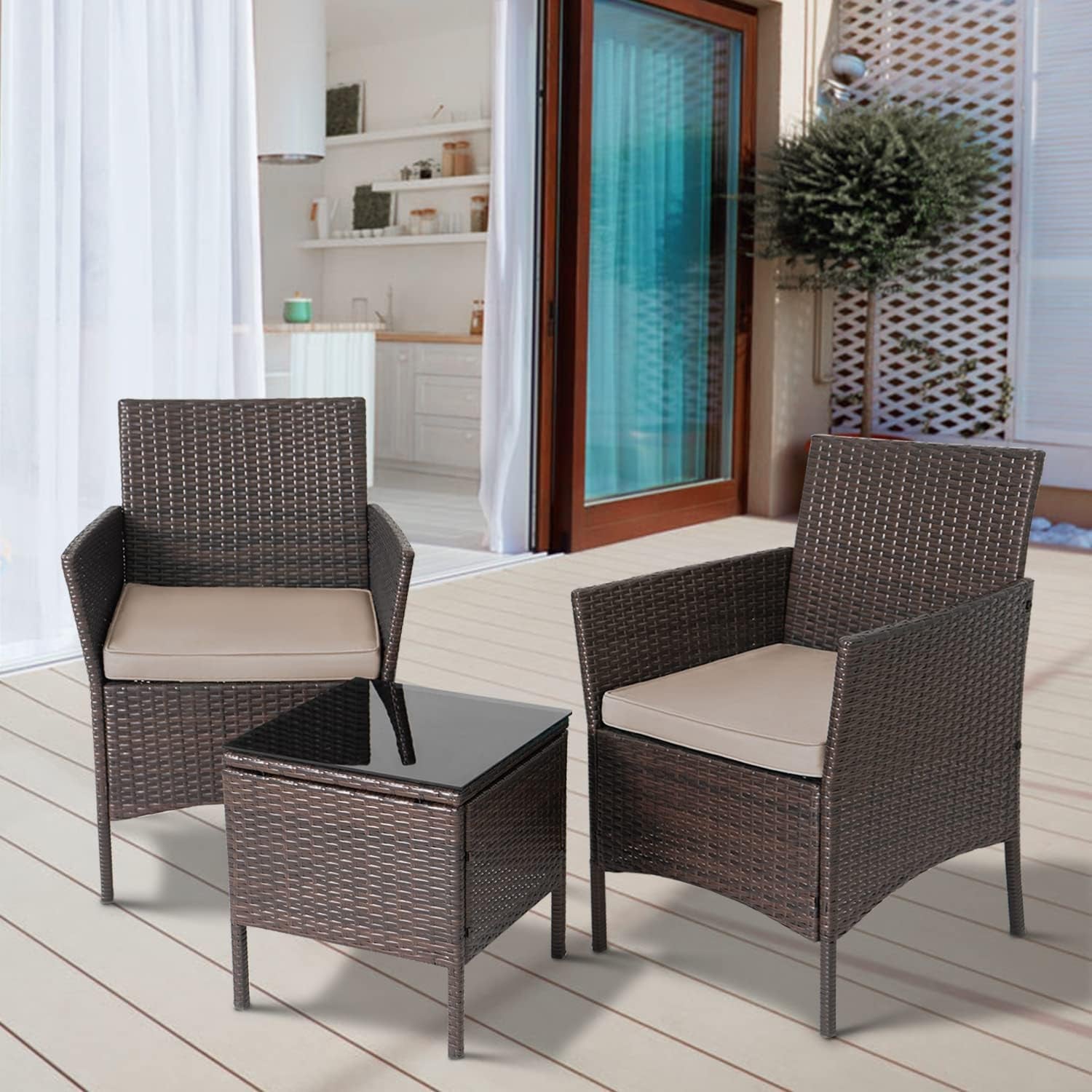 3-Piece Outdoor Wicker Conversation Bistro Set Outdoor Patio Porch Furniture Sets for Yard, Garden with 2 PE Rattan Wicker Chairs, 2 Cushions,1 Coffee Table-2
