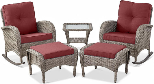 5 Piece Patio Rocking Chairs Furniture Set - Outdoor Wicker Furniture with Ottomans and Side Table, Rattan Conversation Bistro Set for Porch Balcony Backyard-1