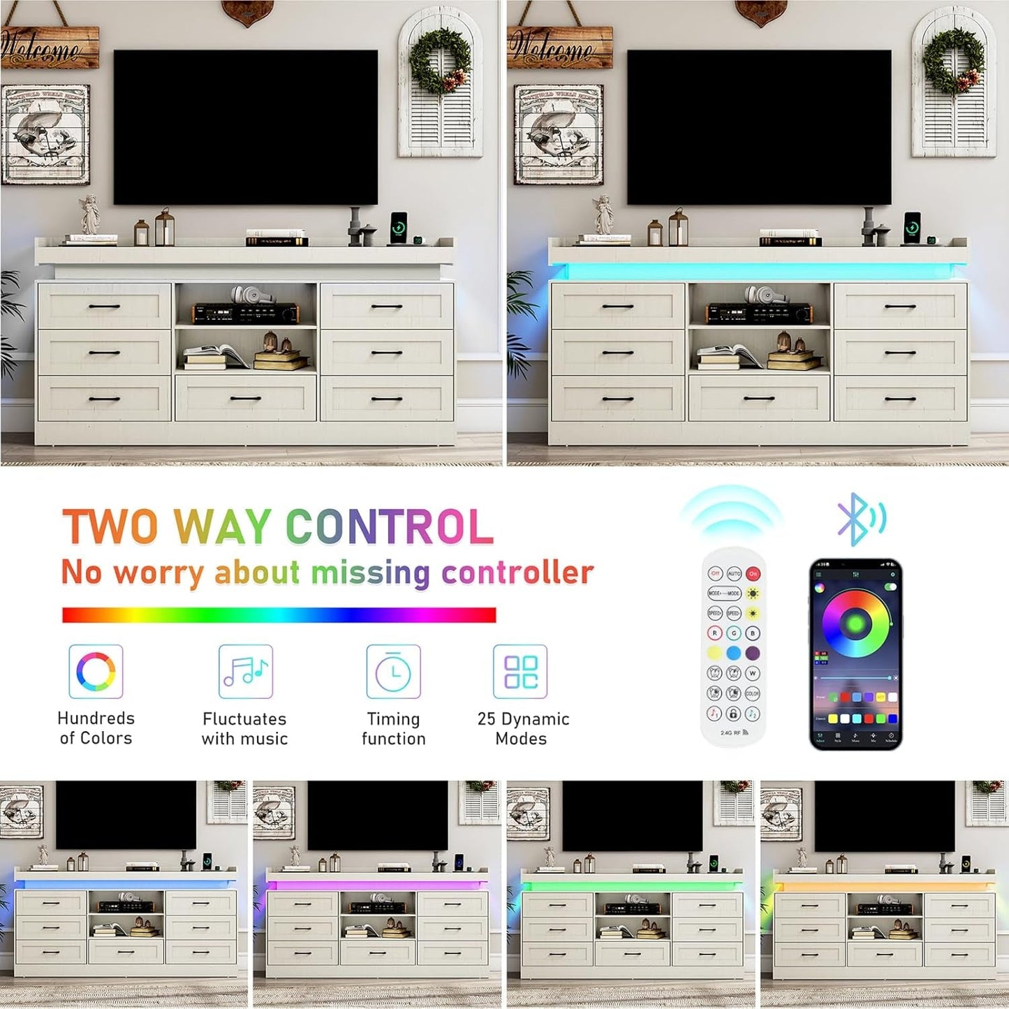 70"W Large Drawers Dresser,Tall Farmhouse 7 Drawers Dresser for Bedroom +2 Open Storage Shelves,With LED Light and Power Outlets,Wide Wood 7 Chests of Drawers for Closet for Bedroom(Antique White)-4