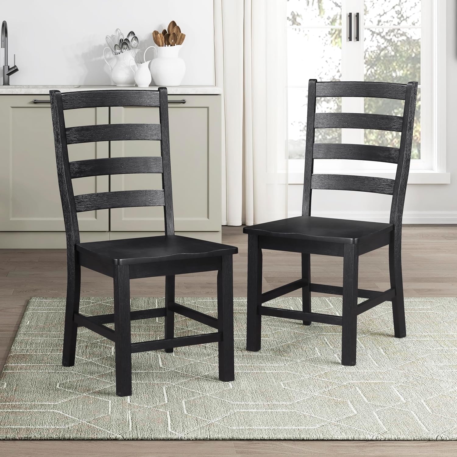 Dining Chairs Set of 2, Dining Chairs with Solid Wood Legs and Footrest, High Ladder Back Farmhouse Dining Chairs, Wooden Dining Room Chairs, Black-0