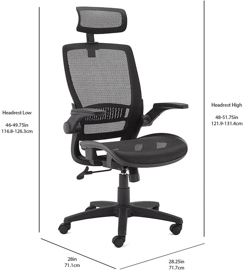 Ergonomic High-Back Desk Chair, Comfortable Flip-Up Armrests, Contoured Mesh Seat, Swivel, Black, 25.5"D X 26.25"W X 49.25"H-2