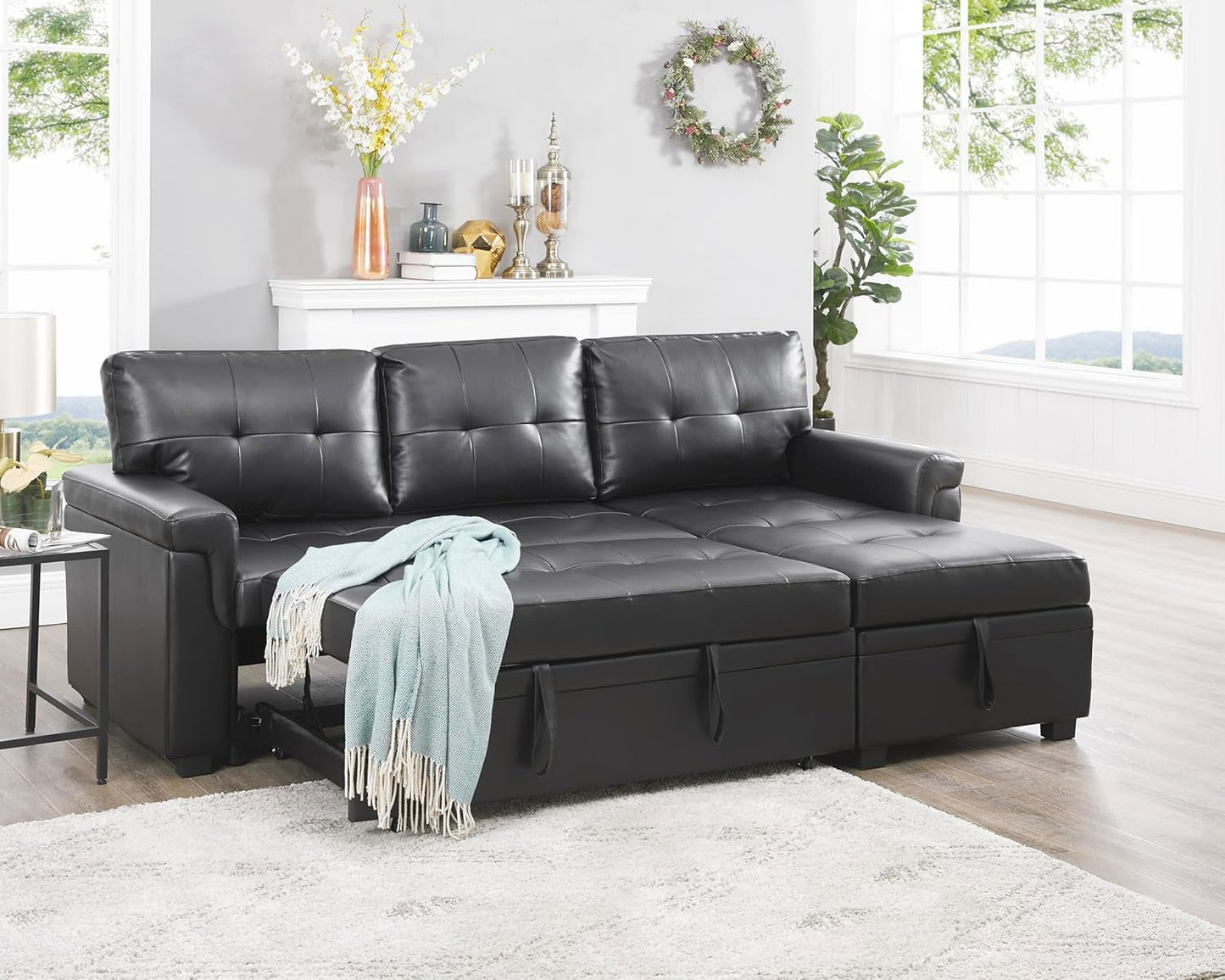 Jenny Sectional Sofa Sleeper with Storage Chaise, Tufted Pull Out Couch with Storage, Sectional Bed, L-Shaped Reversible Sleeper Sofa, Black,Air Leather-0