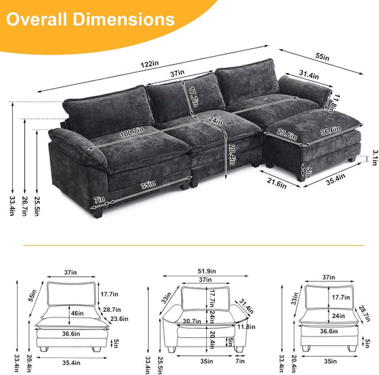 Sectional Sofa Modular Deep Seat Sofa Couch with Ottoman, Chenille Sofa Sleeper Comfy Upholstered Furniture for Living Room, Apartment, Studio, Office, (3-Seat & 1-Ottoman, Black)-1