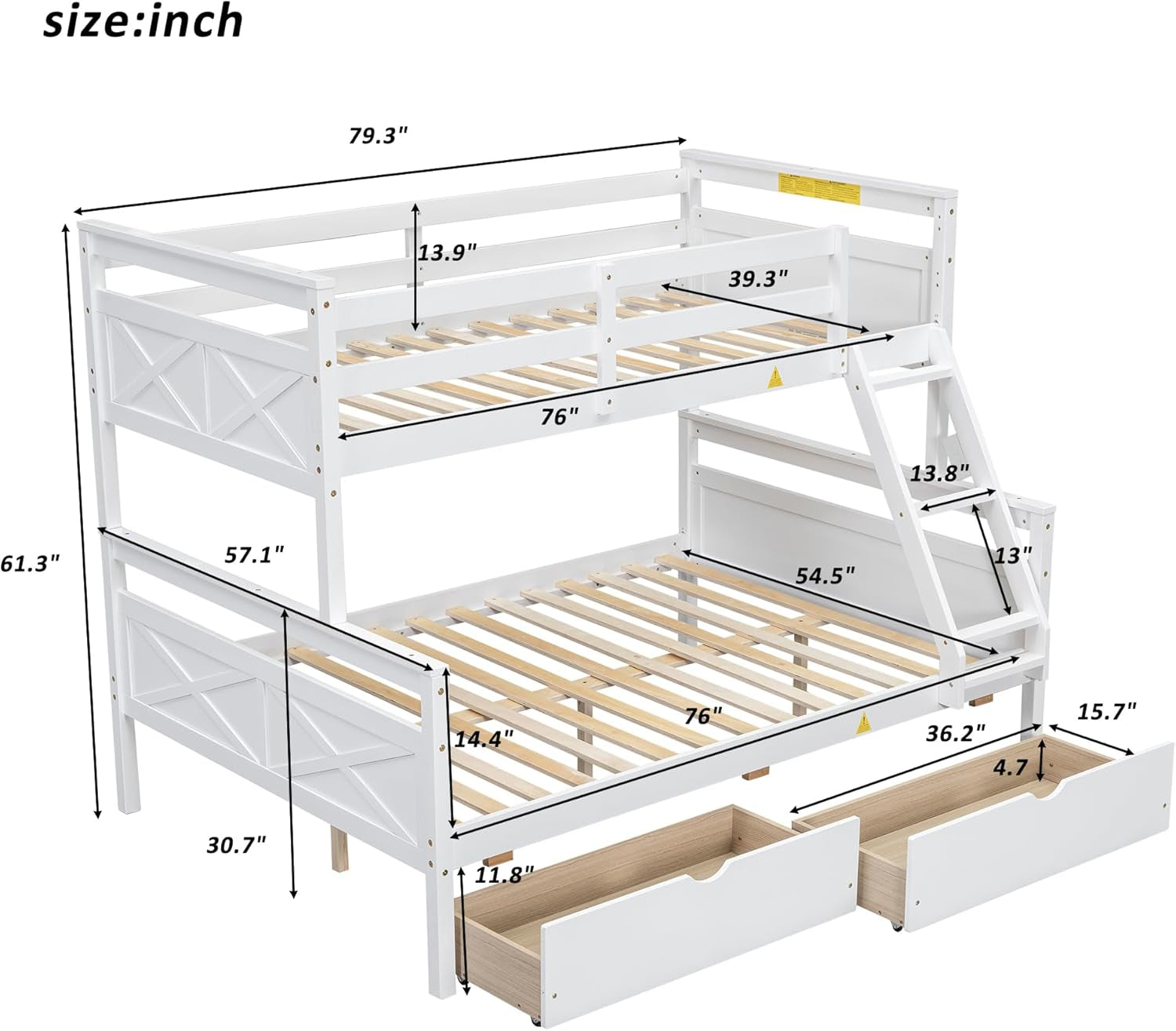 Twin over Full Bunk Bed, Kids Bedroom White Wooden Bunk Bed Frame, Convertible to 2 Separated Beds with 2 Big Drawers, Ladder & Guardrail for Teens, Wood Slat Support, Easy Assembly, White-1