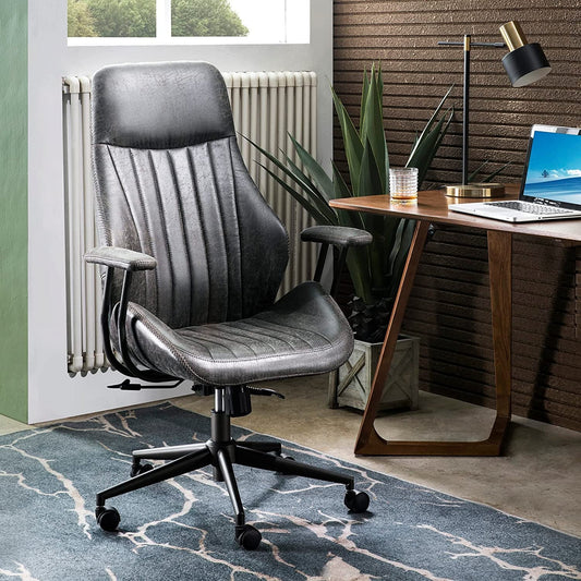Ergonomic Home Office Chair, Mid-Century Modern Leather Chair with Lumbar Support, High Back Swivel Rolling Executive Chair, Comfy Task Computer Desk Chair (Dark Grey, Suede Leather)-0
