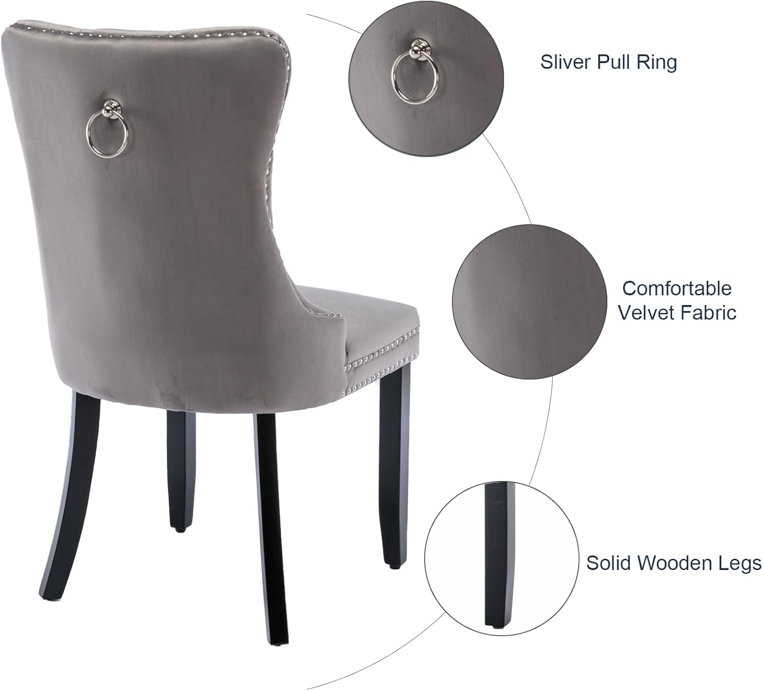 Grey Velvet Dining Chairs Set of 4, Tufted Upholstered Dining Room Chairs with Back Ring Pull, Nailhead Trim and Solid Wood Legs, Modern Dining Chair for Dining Room, Kitchen(Grey)-4