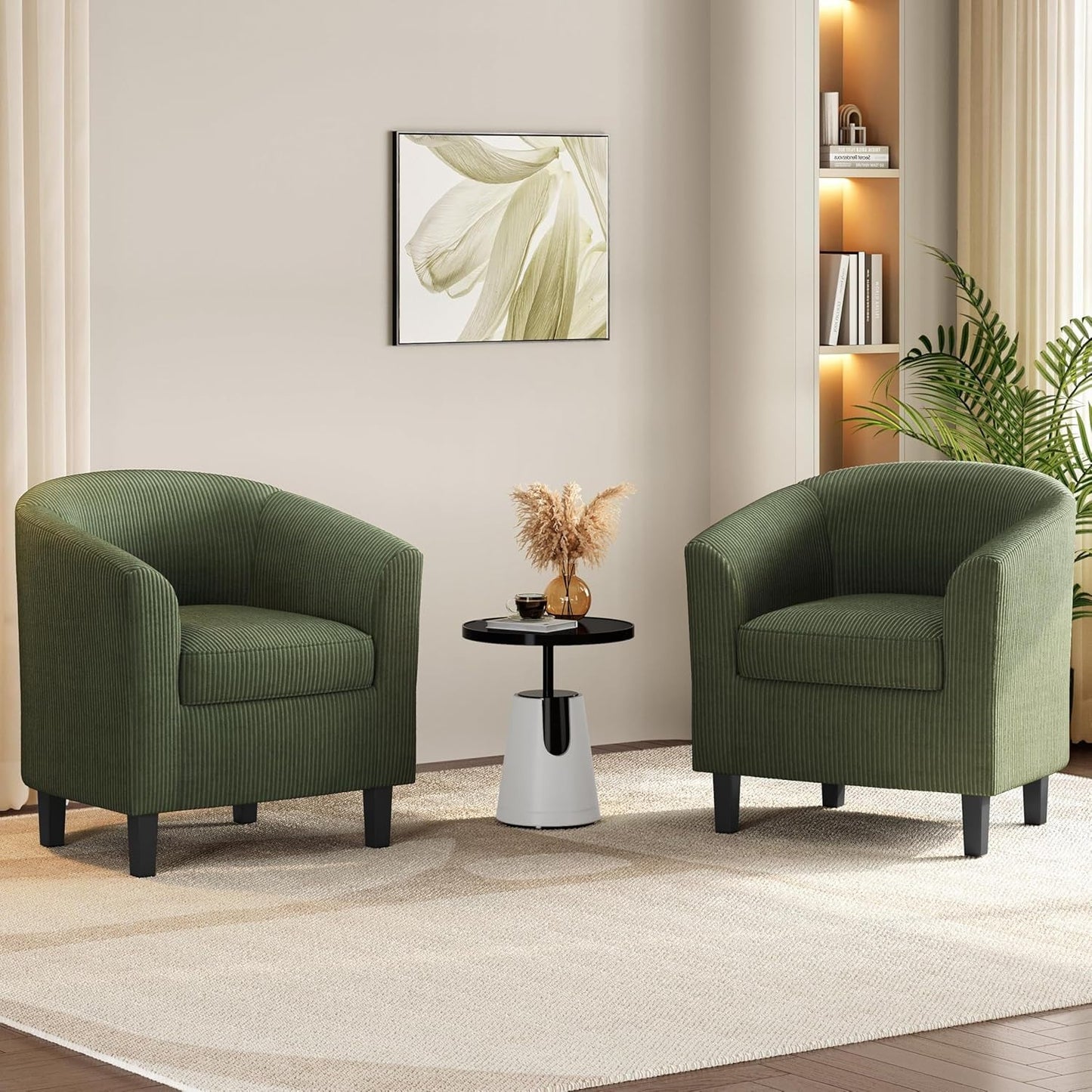 Corduroy Barrel Chairs Set of 2, Upholstered Club Chairs Accent Chairs, round Armchairs Waiting Room Chairs with Soft Cushion for Living Room Bedroom Reading Room, Dark Green-3