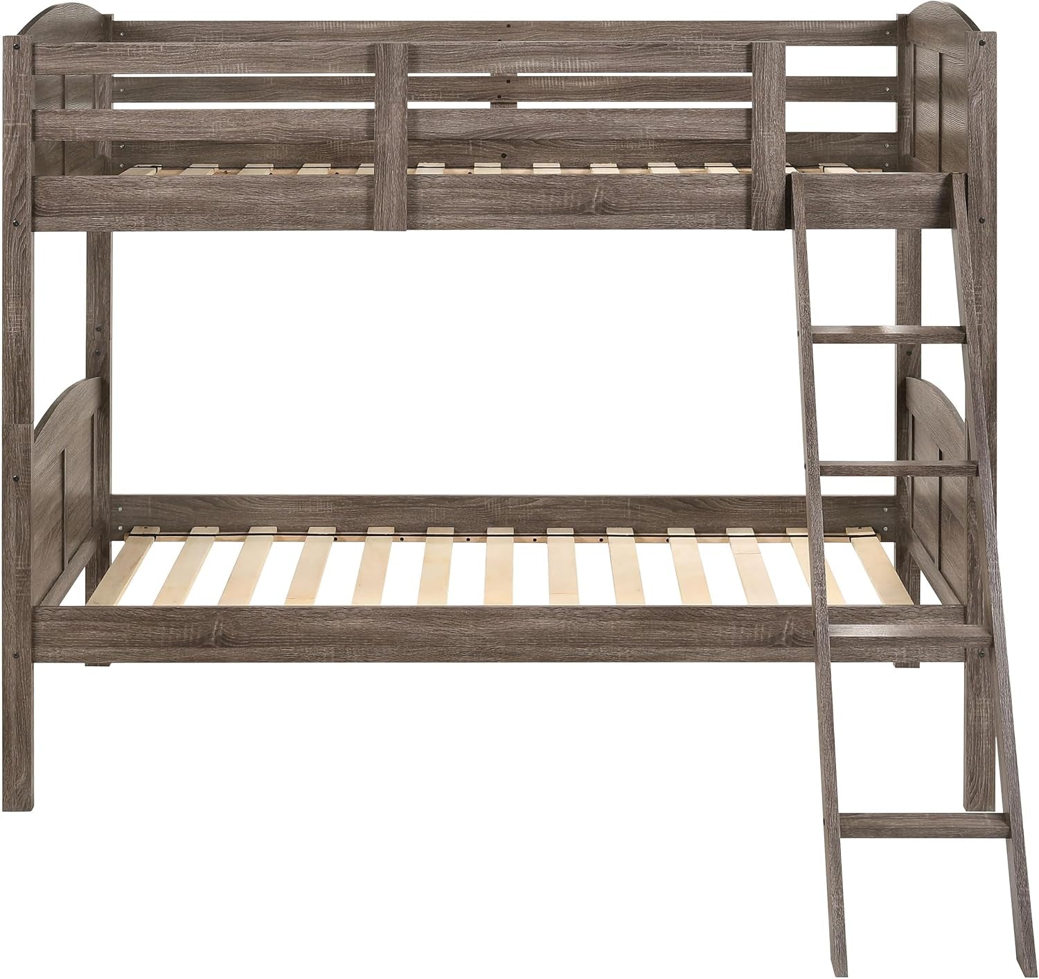 Flynn Farmhouse Wood Twin over Twin Size Bunk Bed Frame with Ladder and Guardrails Fully Slatted Mattress Ready Foundation Weathered Brown 400808-3