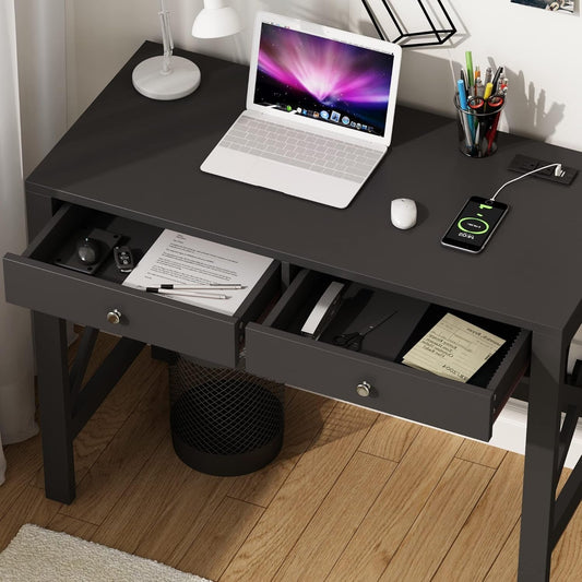 Computer Desk with USB Charging Ports and Power Outlets, 39" Black Desk with Drawers, Small Study Writing Table with Stable X Frame for Home Office-1