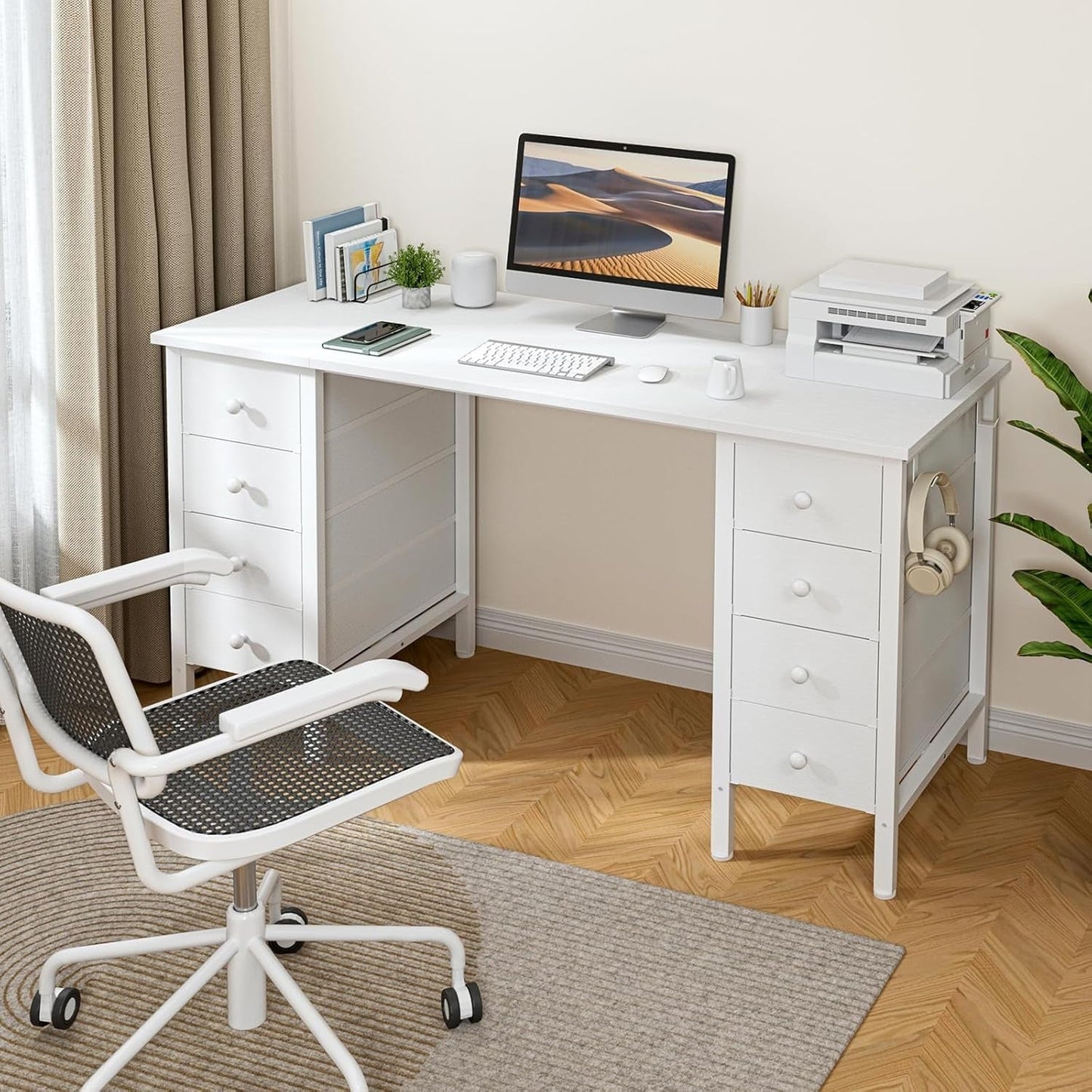 White Computer Desk with Drawers for Storage - 55 Inch Home Office Desk with 8 Fabric Drawers, Writing Study Desk with Drawers on Both Sides for Bedroom-1
