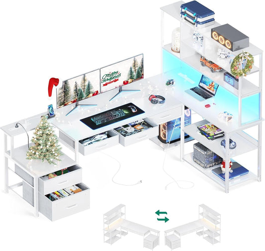 79 Inch L Shaped Desk with File Drawers, Reversible L Shaped Gaming Desk with Power Outlets & LED Lights, Computer Desk with Storage Shelves for Home Office, White-0