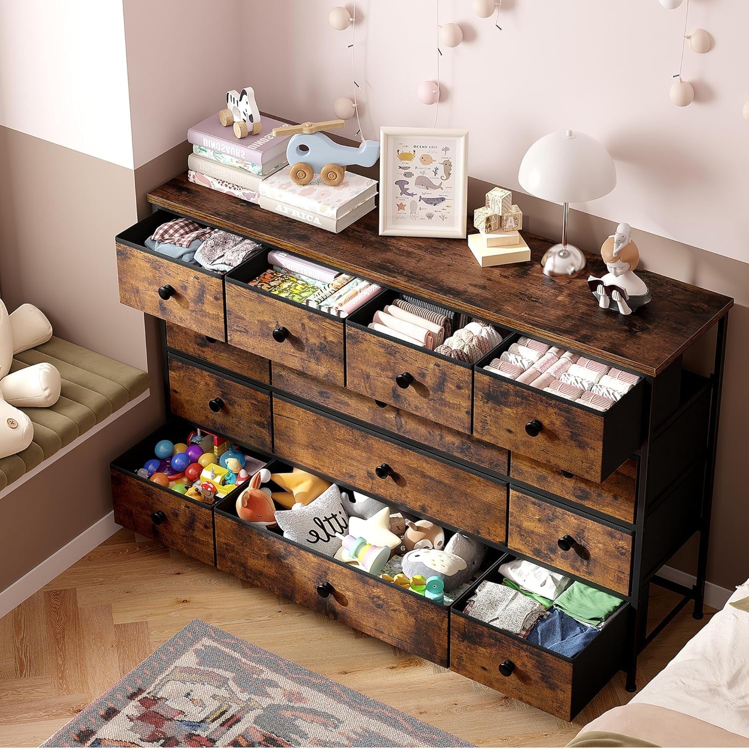 Dresser with 13 Drawers Dresser TV Stand for 55" TV Long Dresser for Bedroom, Large Dressers & Chest of Drawers for Bedroom Living Room Entry, Sturdy Metal Frame,39.4" Wx 31.5" H X 11.8" D-1