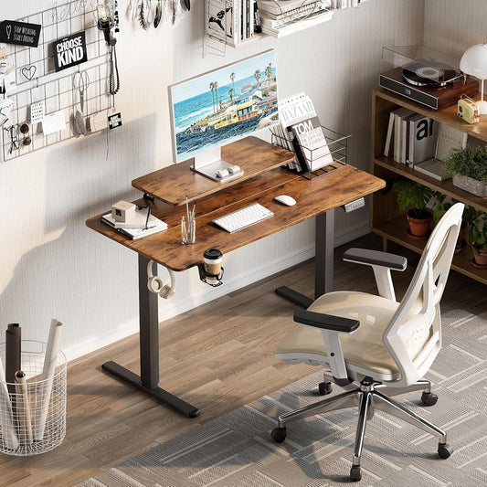 Electric Standing Desk with Monitor and Laptop Workstation, 47 X 24 Inches Height Adjustable Sit Stand up Desk, Computer Workstation with Cup Holder and Hook, Cable Holes, Rustic Brown-1