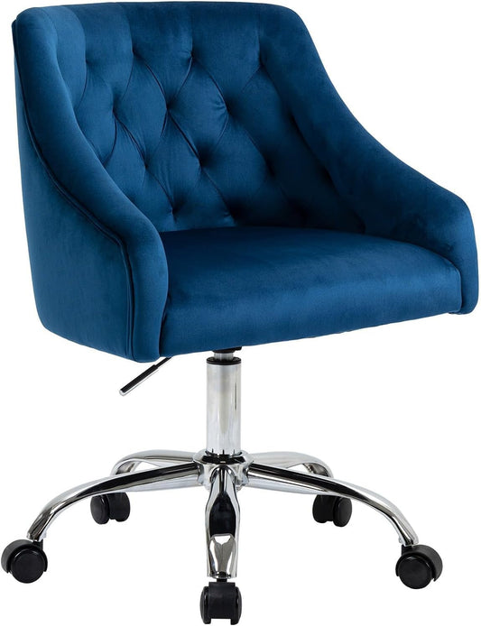 Velvet Office Swivel Chair, Vanity Chair, Fabric Desk Chair, Pretty Fancy Chair, Gold Office Chair for Girls, 360°Swivel Height Adjustable Reception Chair (Navyblue)-0