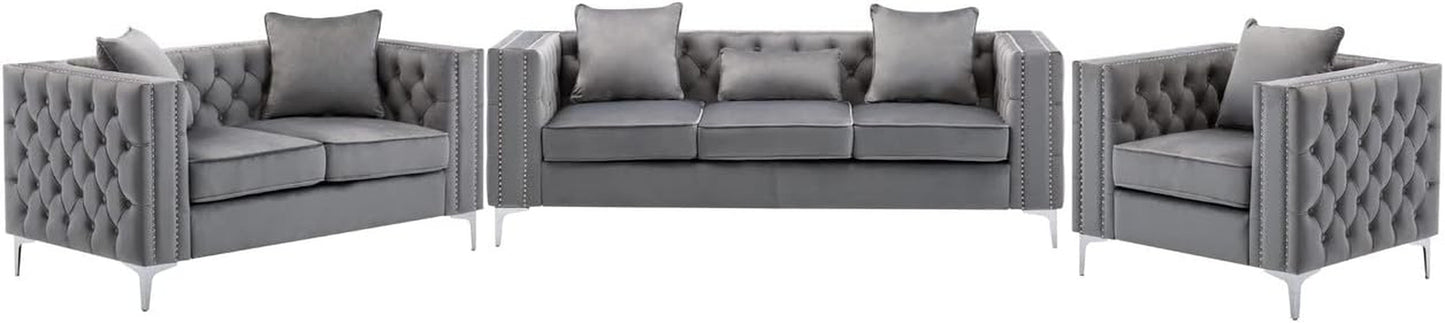 Lorreto Gray Velvet Fabric Sofa Loveseat Chair Living Room Set-0