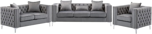 Lorreto Gray Velvet Fabric Sofa Loveseat Chair Living Room Set-0