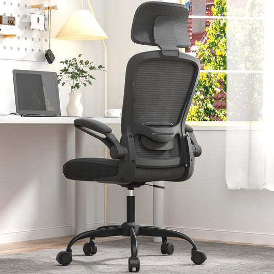 Ergonomic Mesh Home Office Chair | High Back Computer Desk Chair with Adjustable Lumbar Support & Headrest | Swivel Task Chair with Flip-Up Armrests for Home & Office (English, Dark Black)-0