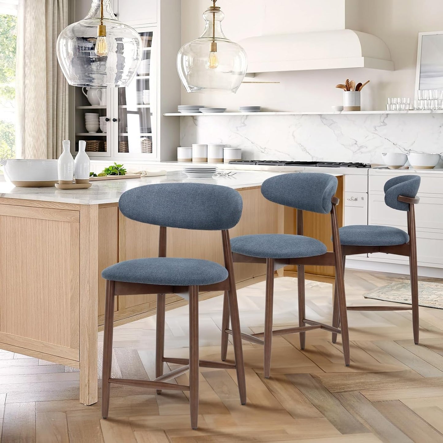 Wood Bar Stools Set of 3, Counter Height Bar Stools, Mid Century Modern Bar Stools with Back, 25 Inch Upholstered Wooden Barstools for Kitchen Island Dining Room Bar, Blue-2