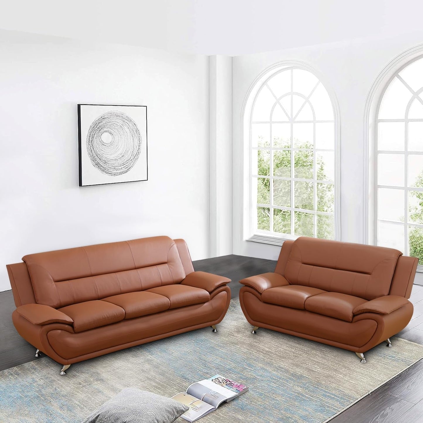 Faux Leather 2 Piece Sofa Set, Modern Orange Living Room Couch and Loveseat with Solid Wood Frames, Foam Filled, Button Tufted-0