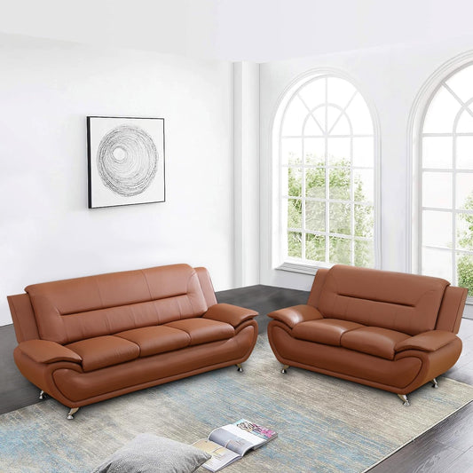 Faux Leather 2 Piece Sofa Set, Modern Orange Living Room Couch and Loveseat with Solid Wood Frames, Foam Filled, Button Tufted-0
