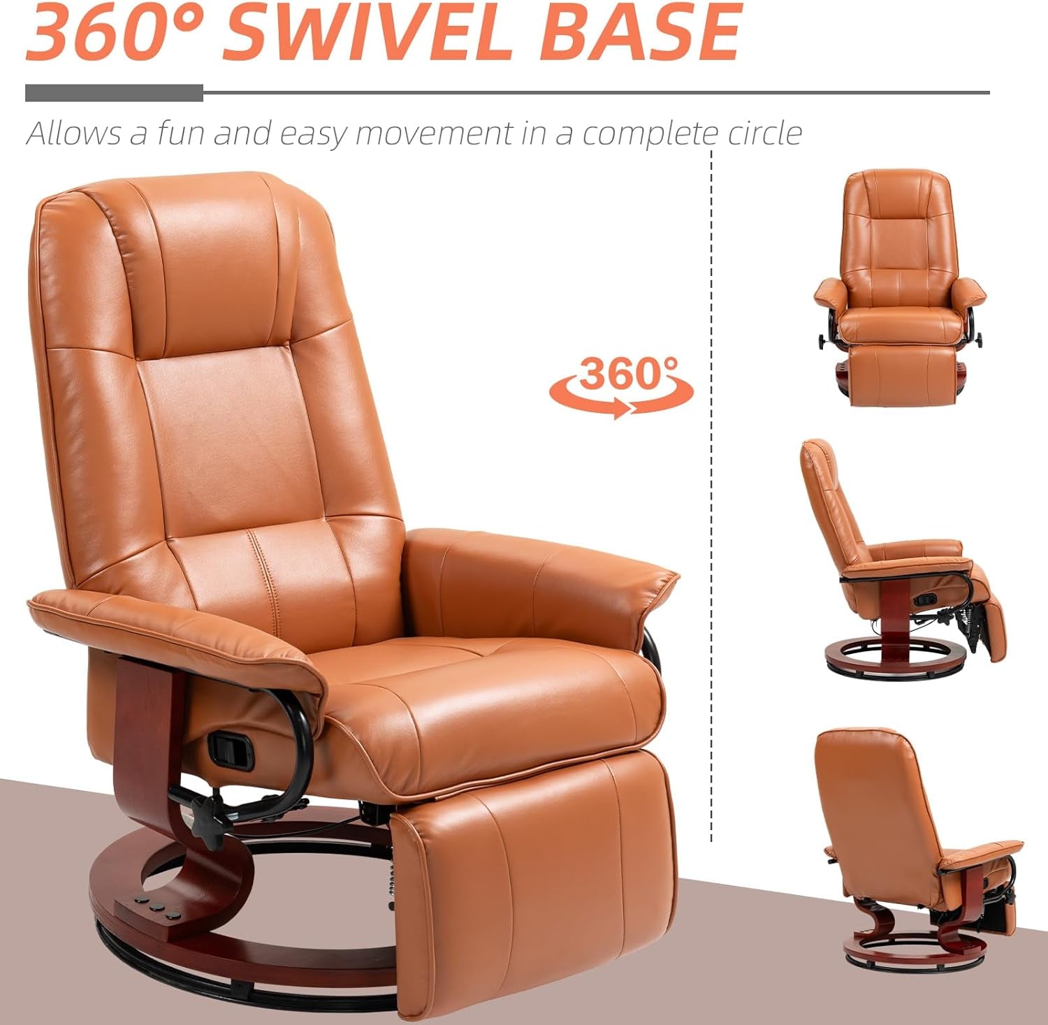 Faux Leather Manual Recliner, Adjustable Swivel Lounge Chair with Footrest, Armrest and Wrapped Wood Base for Living Room, Light Brown-4