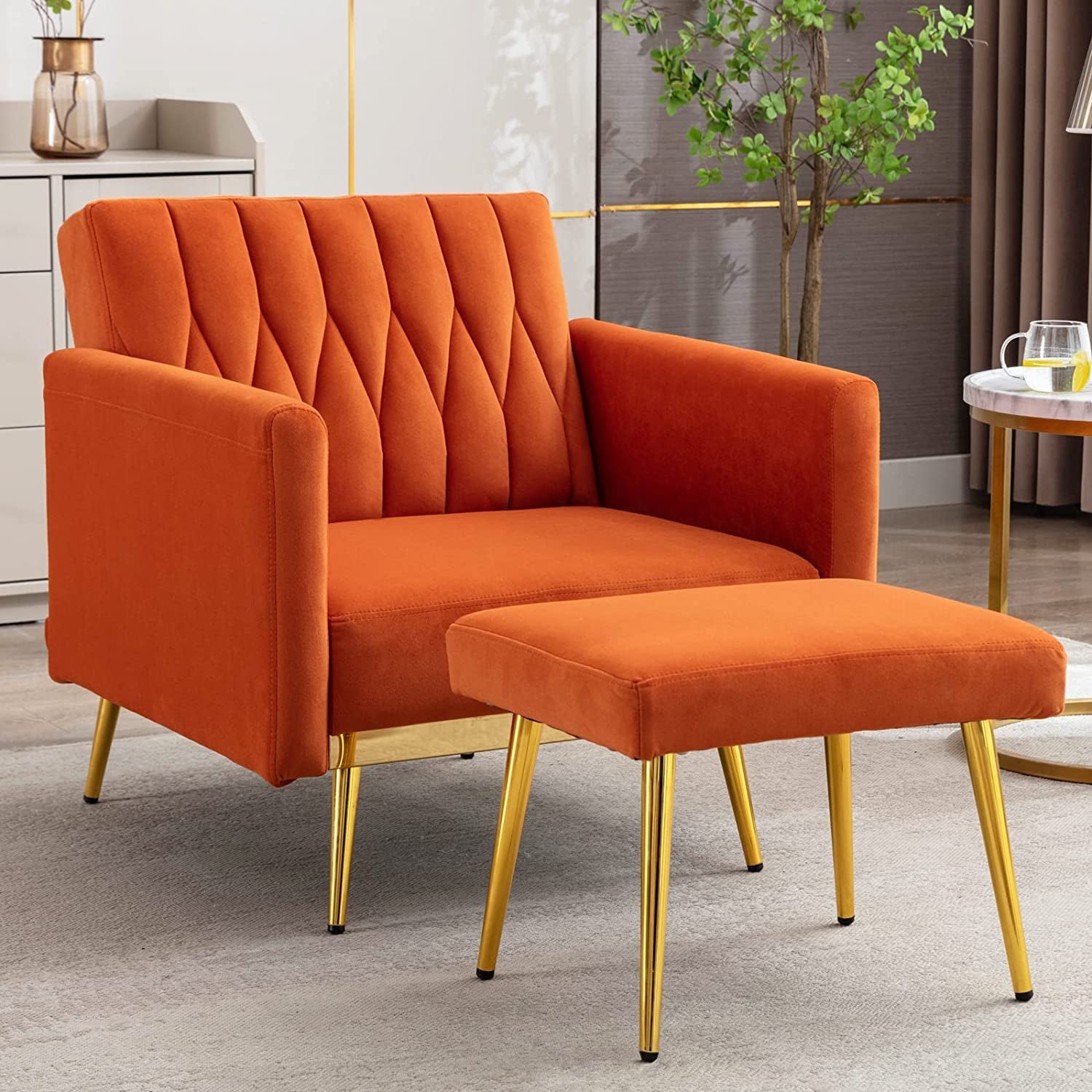 Orange Velvet Chair with Ottoman and Armrests-1