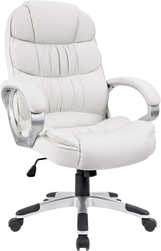 Office Chair High Back Computer Desk Chair, PU Leather Adjustable Height Modern Executive Swivel Task with Padded Armrests and Lumbar Support (White)-0