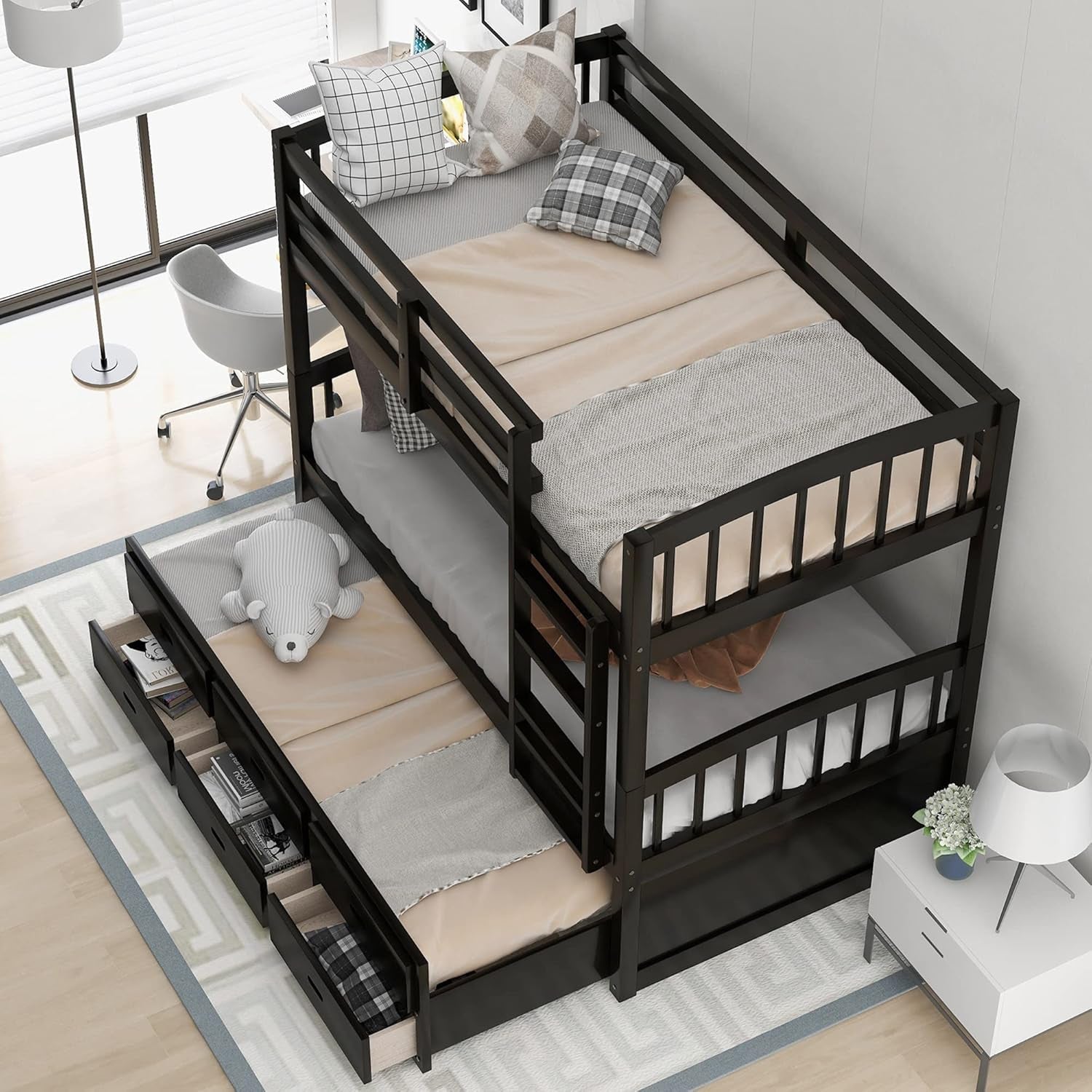 Twin over Twin Bunk Bed with Trundle and 3 Drawers, Solid Wood Bunk Bed Frame with Ladder and Full Guardrails, for Teens, Espresso-4