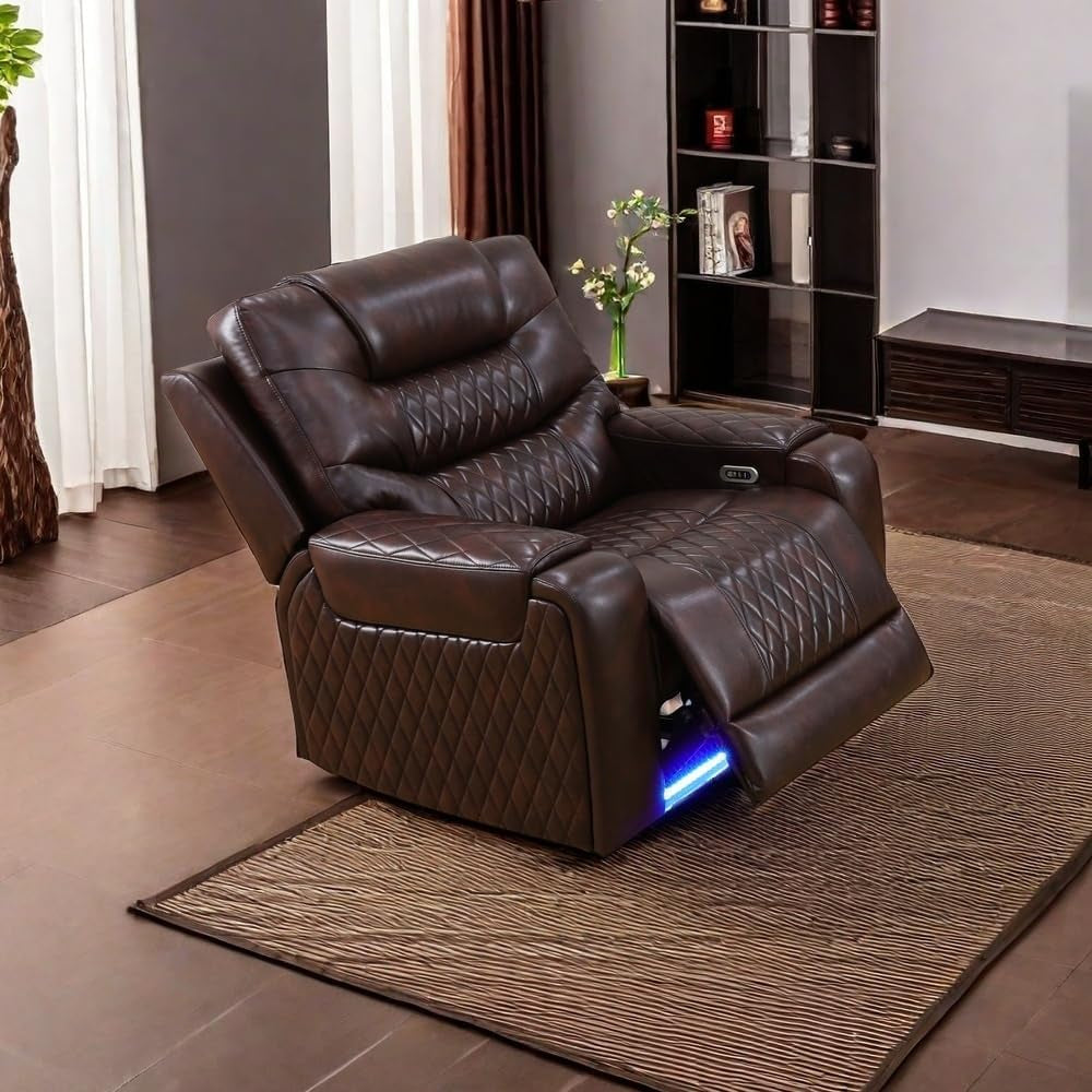 LED Power Recliner Sofa for Living Room Furniture Set, Leather Sectional Sofa Set, Recliner Chair Set Reclining Sofa and Loveseat with USB Port/Storage Console/Cup Holders(Dark Brown Chair)-0