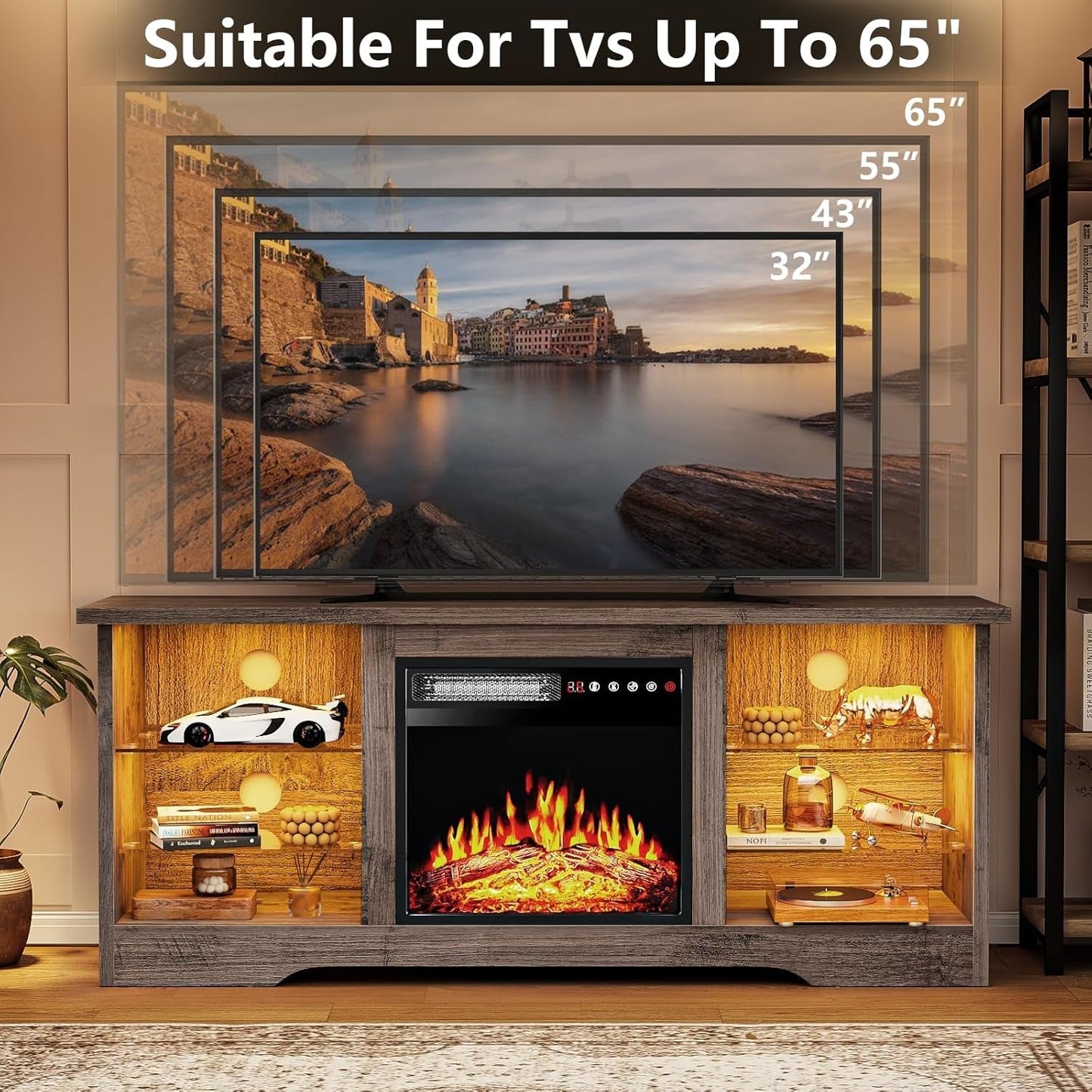 Fireplace TV Stand with 18''Fireplace, Modern Entertainment Center for Tvs up to 68 Inch, Media TV Console with Adjustable Glass Shelves and Storage Cabinets(Gray)-4