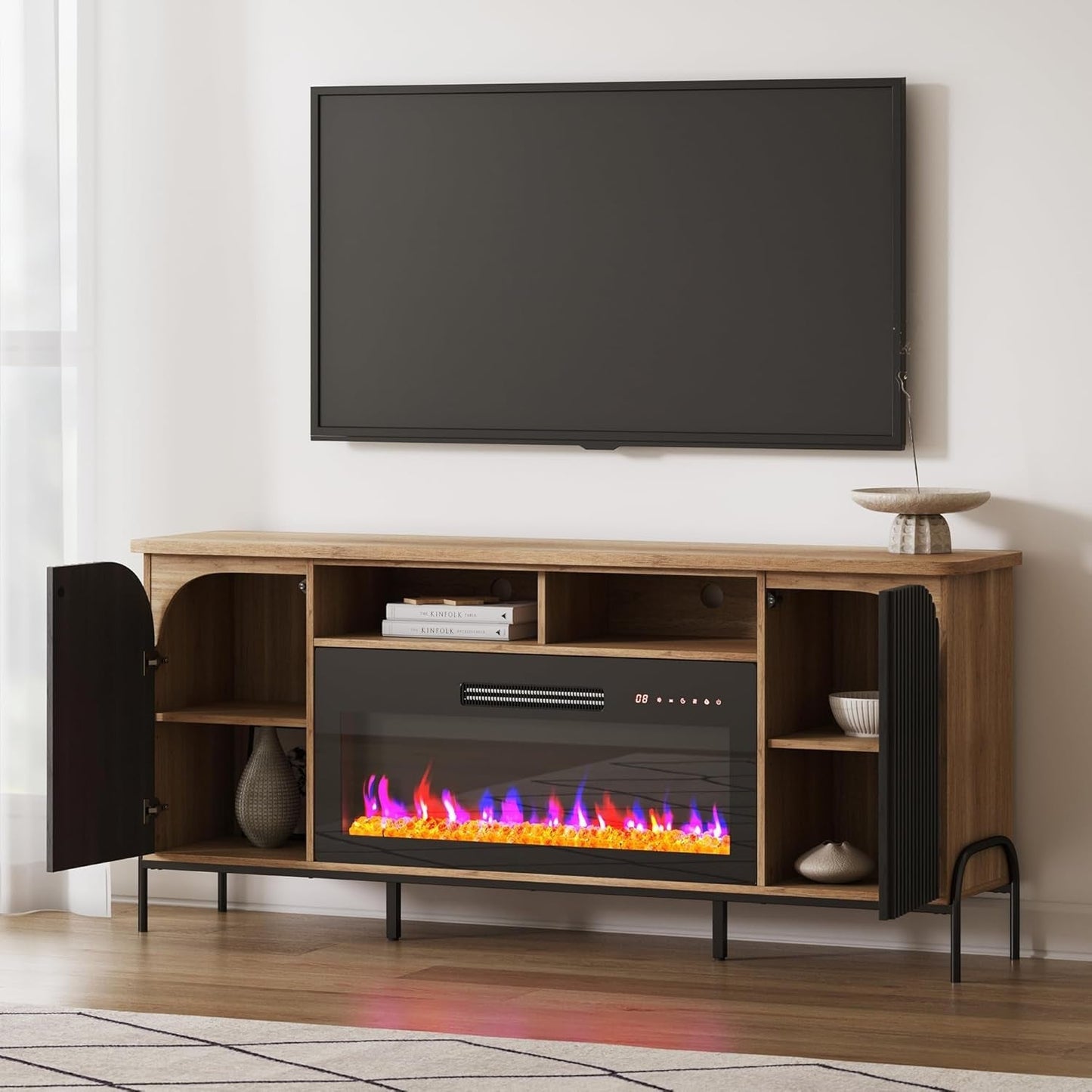68" Fluted TV Stand with Fireplace for 75" TV-0