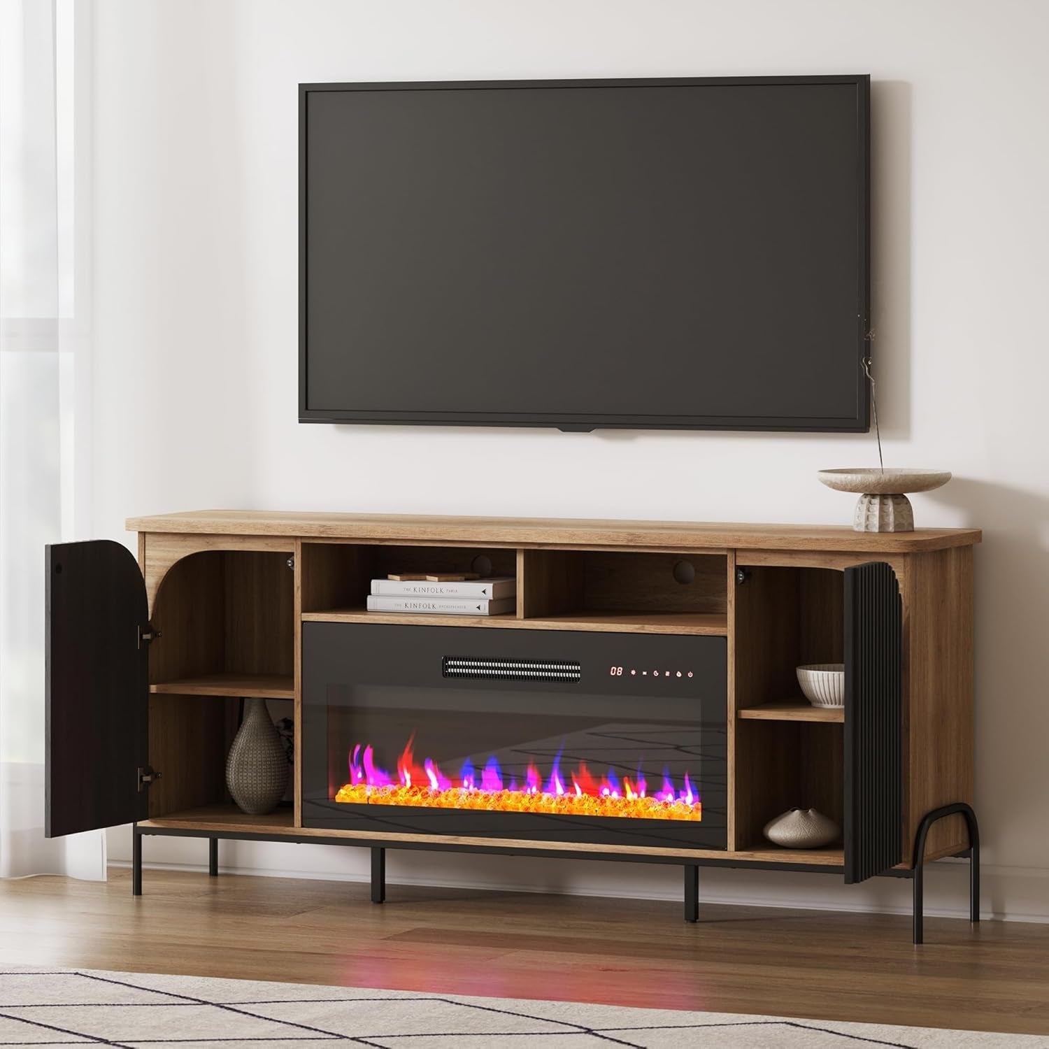 68" Fluted TV Stand with Fireplace for 75" TV-0