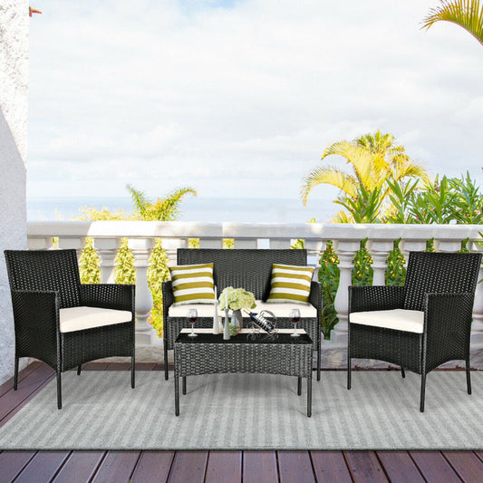 4 Pieces Patio Rattan Cushioned Sofa Set with Tempered Glass Coffee Table-0