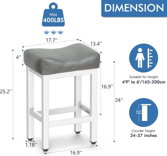 Counter Height Bar Stools Set of 2, 24 Inch Barstools for Kitchen Island Counter, Bonded Leather Kitchen Stools with Thick Saddle Seats & Heavy Duty Metal Base, Easy Assembly, Gray/White-1