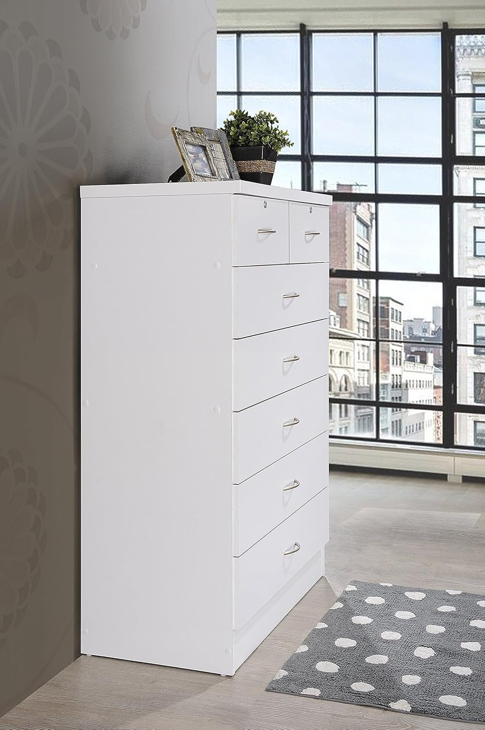 7 Drawer Wood Dresser for Bedroom, 31.5 Inch Wide Chest of Drawers, with 2 Locks on the Top Drawers, Storage Organization Unit for Clothing, White-3