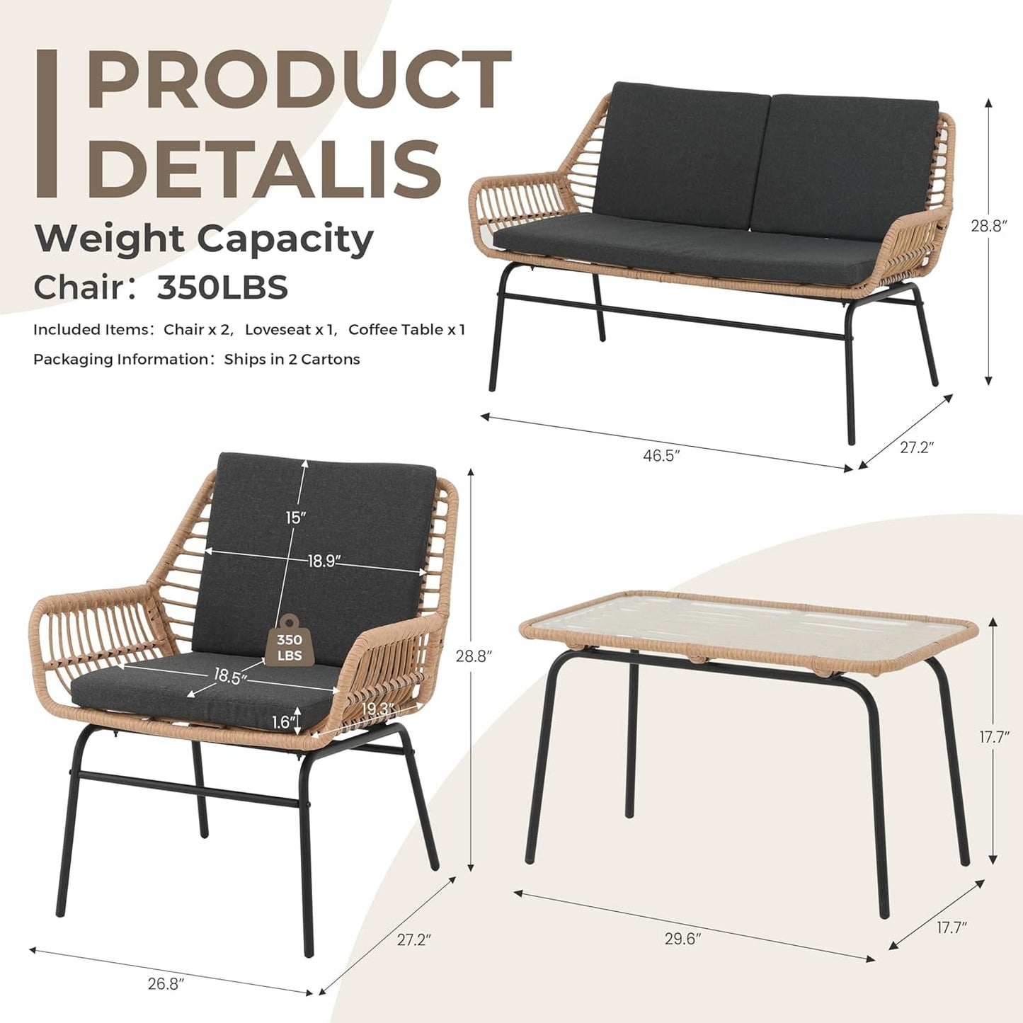 4 Piece Outdoor Patio Furniture Set, Rattan Conversation Sets, All-Weather Wicker Chairs with Cushions and Coffee Table, for Garden Balcony Courtyard Poolside-1