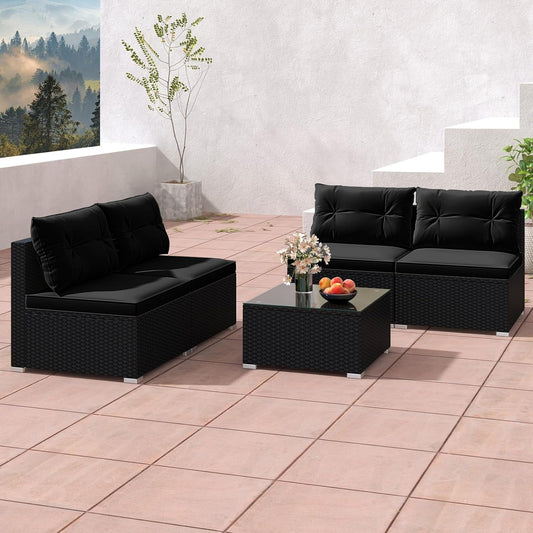 5-Piece Outdoor Patio Furniture Set, Rattan Sectional Sofa Set W/Glass-Top Coffee Table, Soft Seat & Back Cushions, Bistro Set for Garden Backyard Porch, Wicker Conversation Set (Black)-1