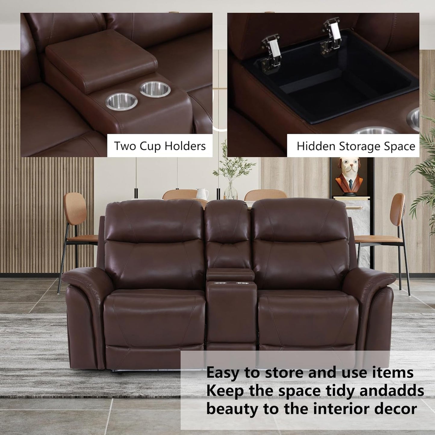 Power Recliner Sofa Set with LED, Breathing Leather Reclining Sofa Set, Living Room Set Recliner Couch Loveseat with USB Port/Cup Holder/Storage for Living Room (3 Pieces Couch Set, Brown)-4