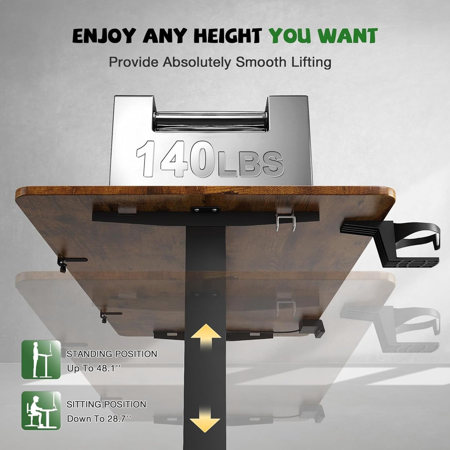 Electric Standing Desk with Monitor and Laptop Workstation, 47 X 24 Inches Height Adjustable Sit Stand up Desk, Computer Workstation with Cup Holder and Hook, Cable Holes, Rustic Brown-3