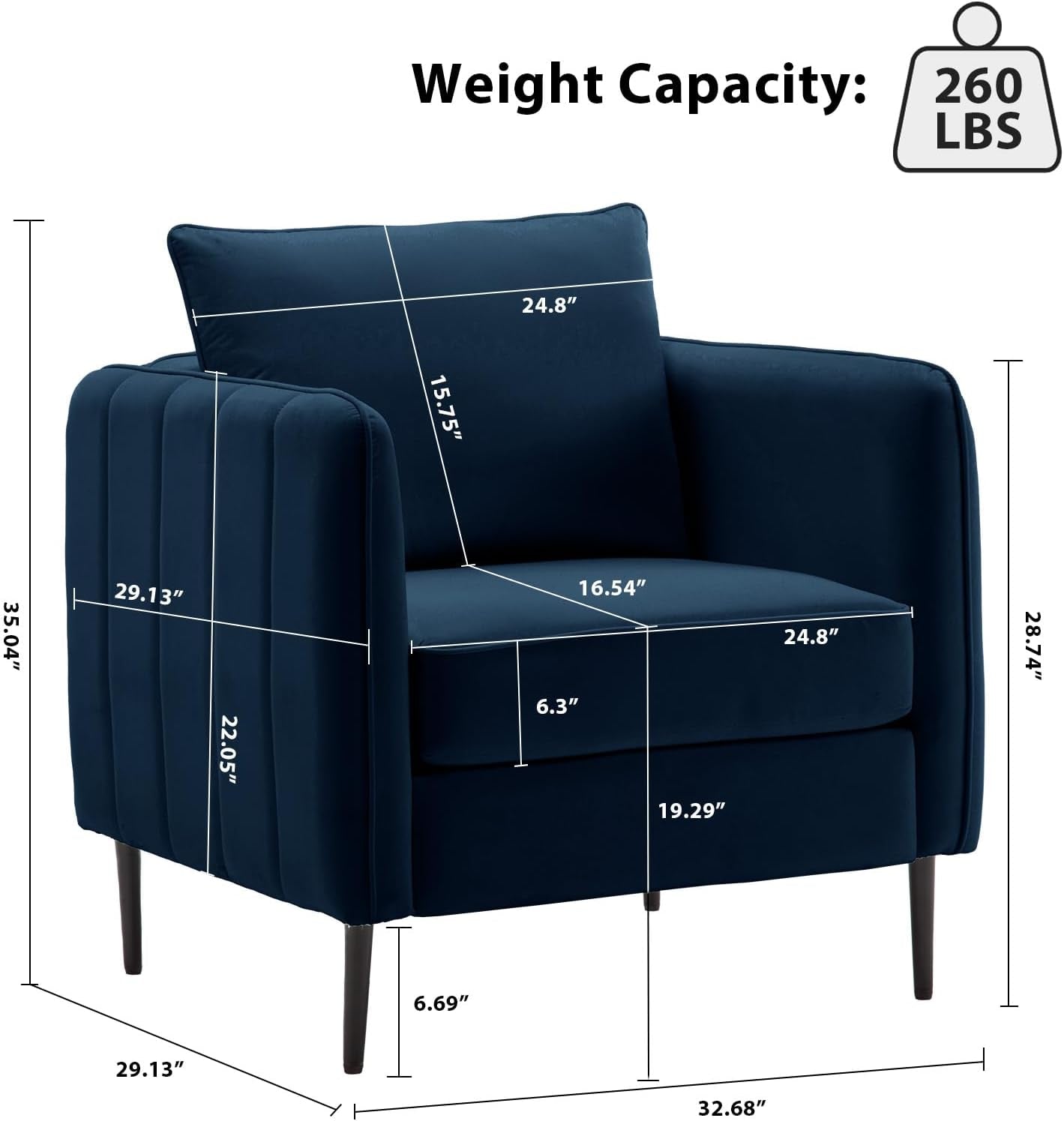 Modern Velvet Accent Chair, Single Sofa Chairs Armchair with Square Arm, Upholstered Accent Chairs for Living Room, Bedroom, Apartment (Navy Chair)-1