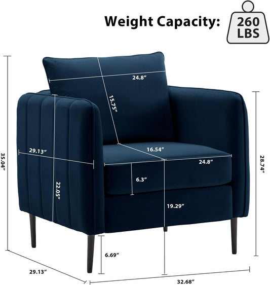 Modern Velvet Accent Chair, Single Sofa Chairs Armchair with Square Arm, Upholstered Accent Chairs for Living Room, Bedroom, Apartment (Navy Chair)-1
