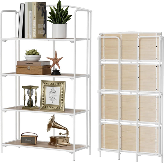 No Assembly Folding Bookshelf for Living Room, 4 Tier White Collapsible Book Shelf for Home Office, Portable Bookcase Storage Organizer-0