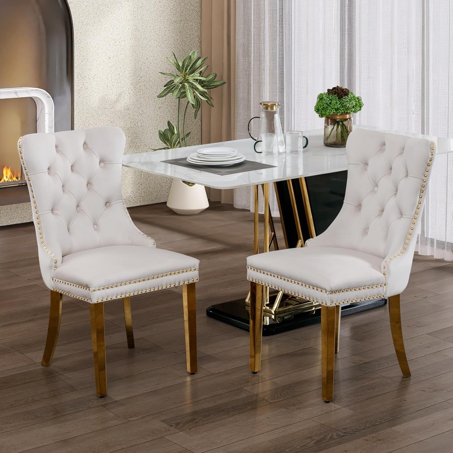 Elegant Velvet Dining Chairs with Gold Legs – Set of 2-0