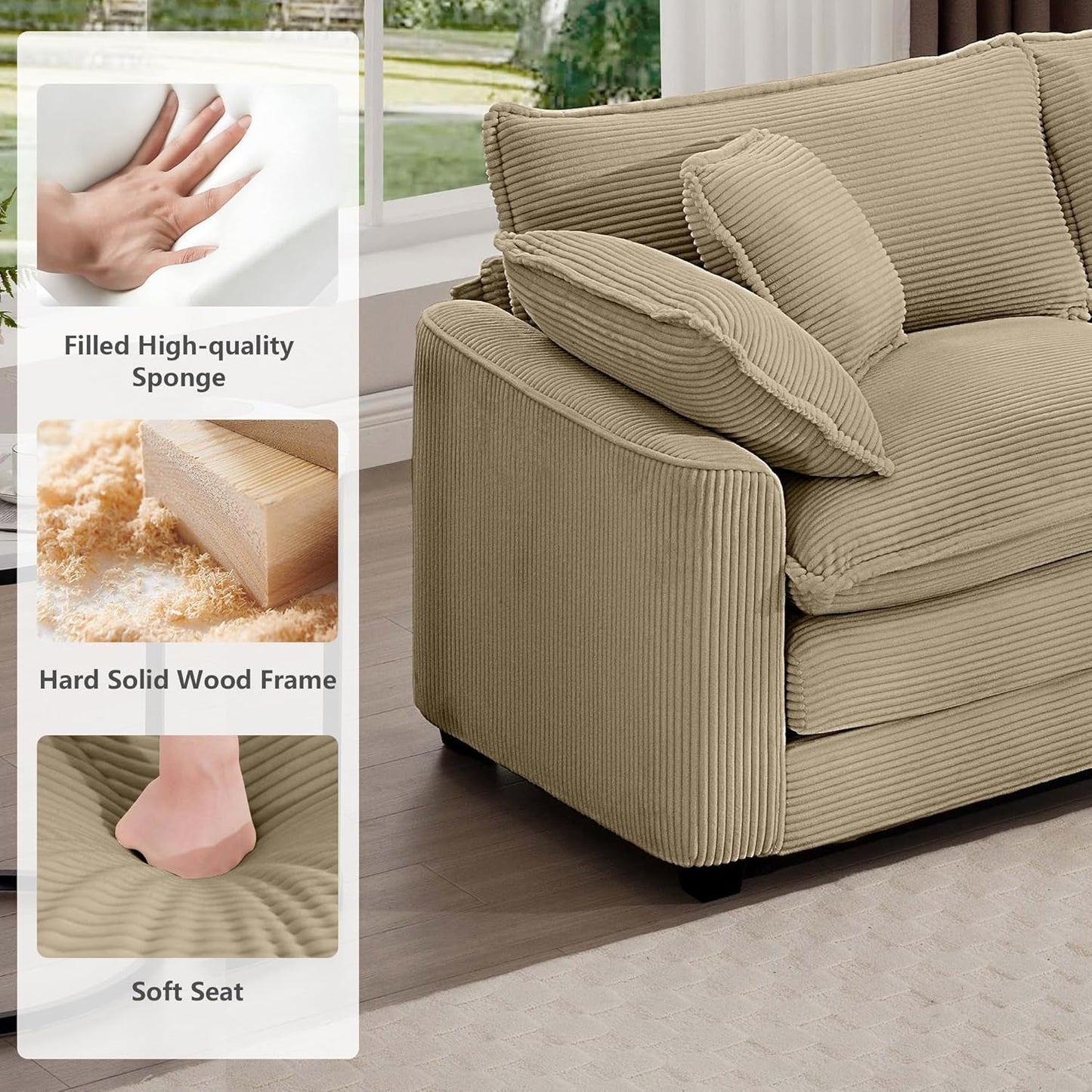 Oversized 2 Piece Sofa Set for Living Room, 3-Seater & Loveseat Couch, Modular Sectional Deep Seat Corduroy Comfy Cloud Couches with 4 Armrest Pillows and 5 Toss Pillows, Camel-4