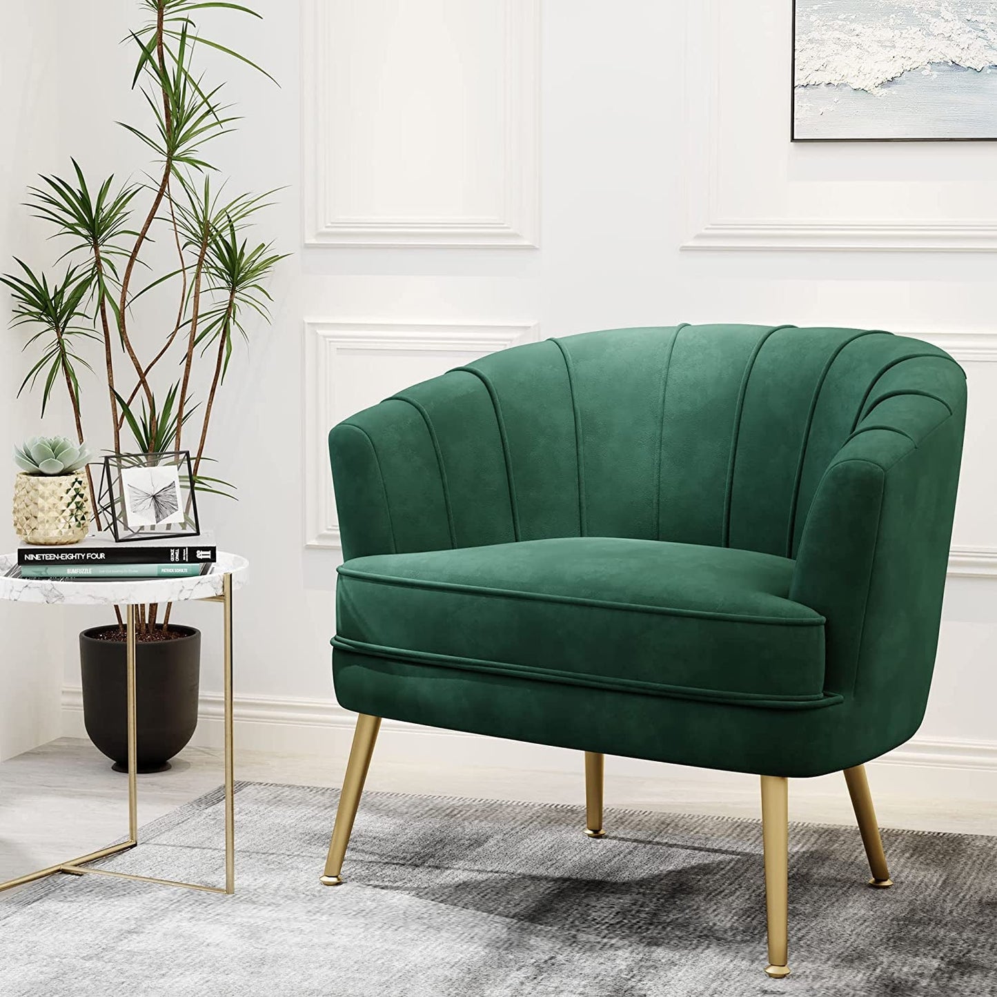 Green Velvet Accent Chair with Golden Legs-1